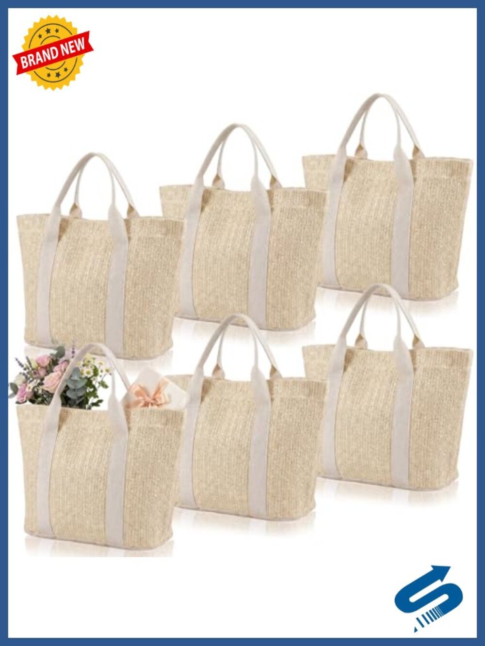 6-Pack Handwoven Burlap Tote Bag Set with Reinforced Handles